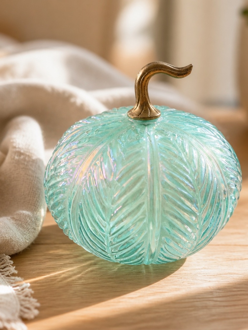 Iridescent Aqua Glass Pumpkin Accent with Brass-Tone Stem